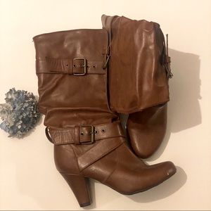 Tall Brown Double Buckle Heeled Boots